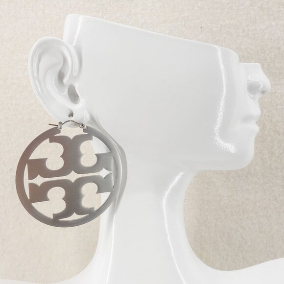 Tory Burch Miller Statement Logo Hoop Earrings Silver OS - Picture 6 of 9
